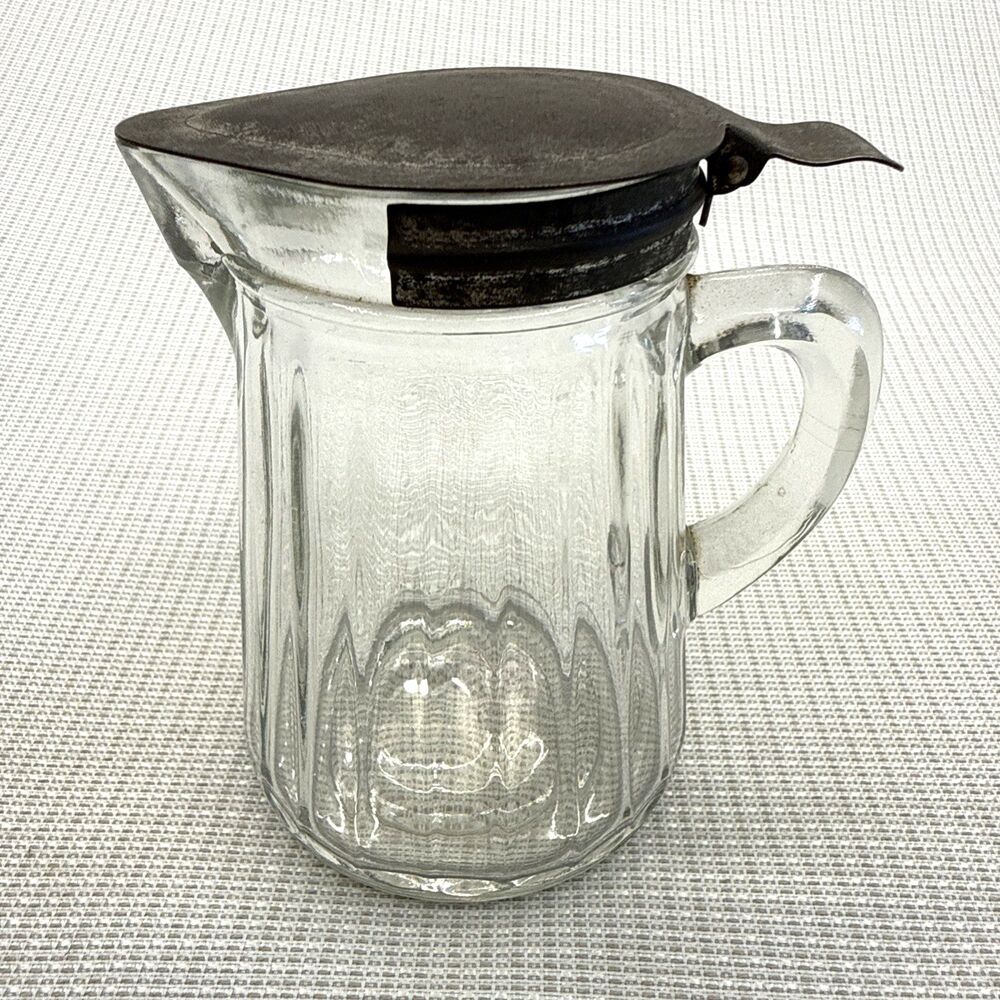 Vintage Glass Creamer Syrup Pitcher Distressed Metal Lid Patina